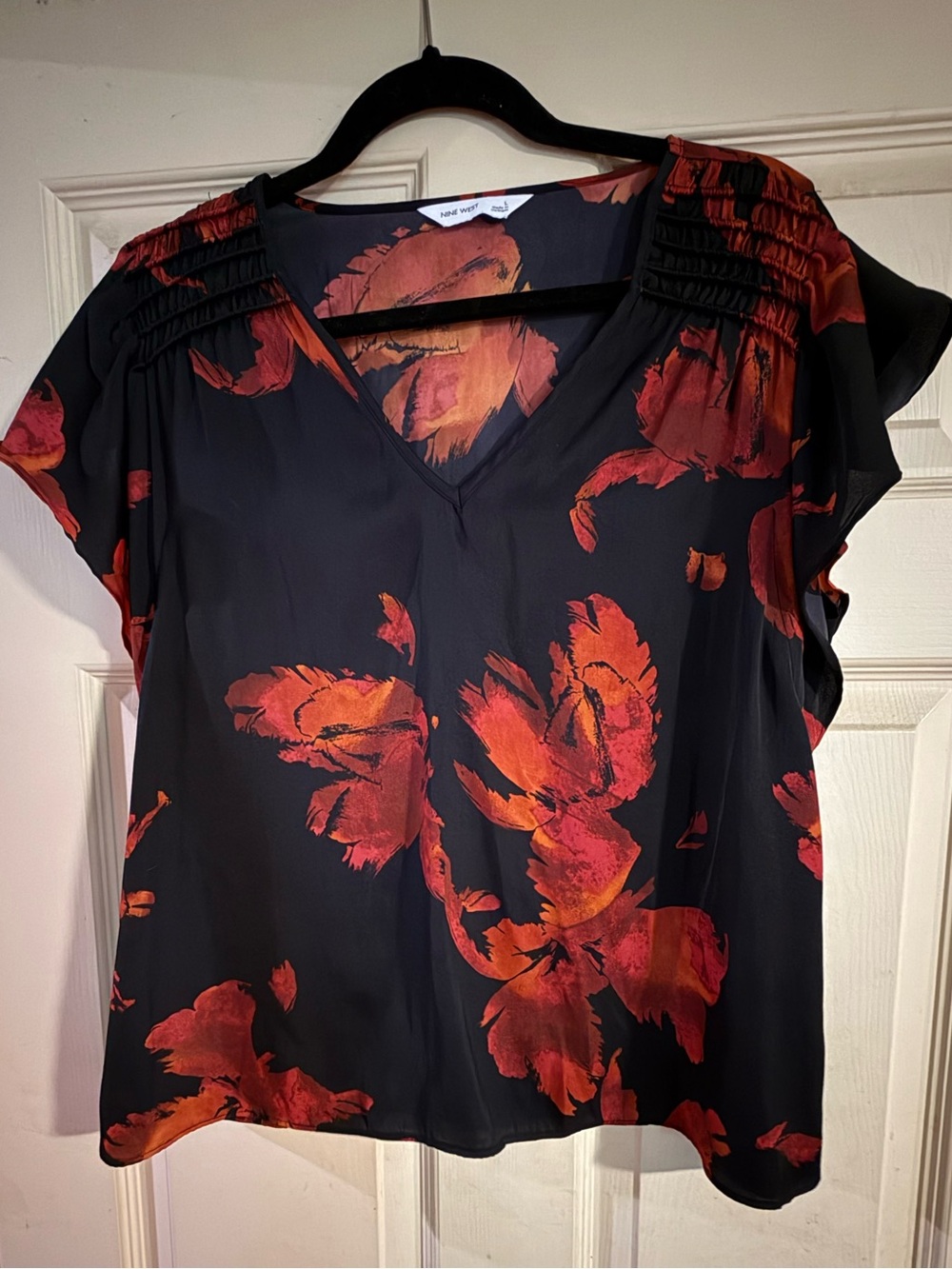 Nine West Black Blouse with Red-Orange Floral Print